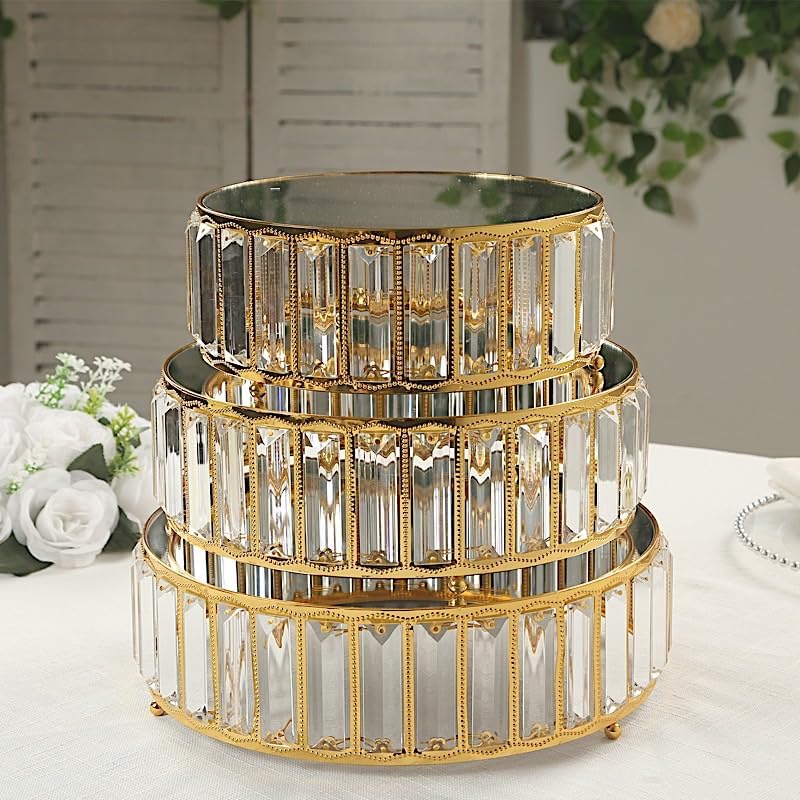 3 Gold Round Stackable Metal Cake Stands with Crystal Pendant and Mirror Top Wedding Birthday Party Display Dessert Riser Pedestal Centerpieces - Image 5