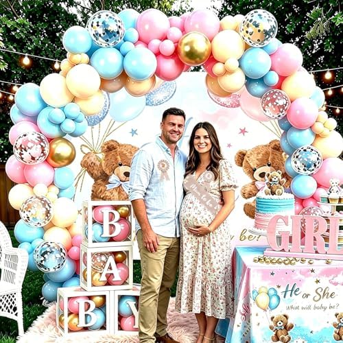 Gender Reveal Decorations Pink Blue Balloon Arch Garland Kit, Bear Theme, Baby Shower Party Pack With Balloon Boxes,Backdrop,Wood Table Sign,Tablecloth,...170PCS For Girl Boy Gender Reveal - Image 5