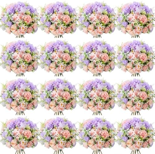 Tigeen 12 Bundles Artificial Flowers Bouquet for Wedding, Pink Purple by Tigeen