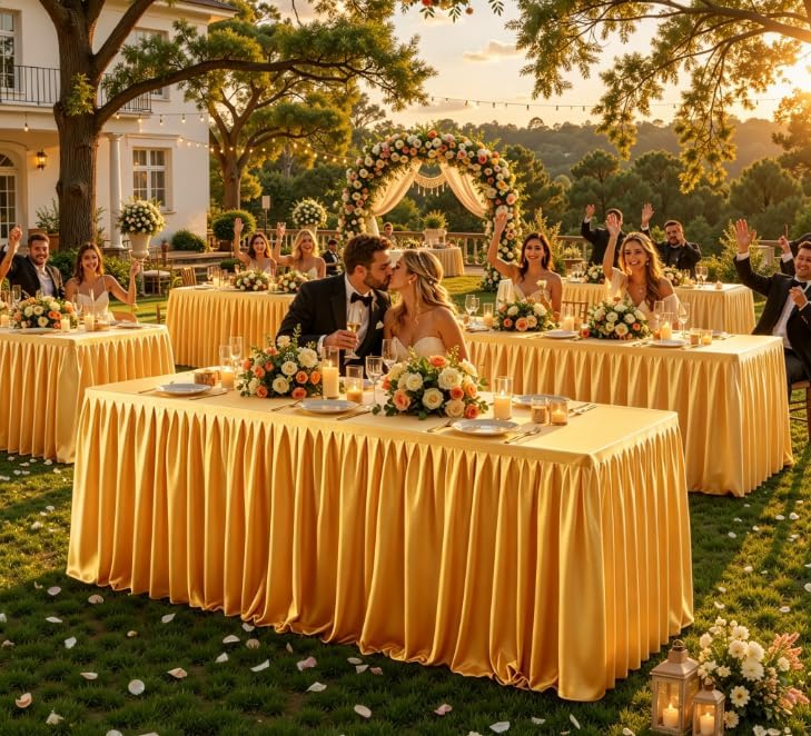 Gold Polyester Table Cloths for Rectangle 8 Foot Tables, 6 Pack Wrinkle Free Tablecloths Stretchy Banquet Ruffle Fitted Table Cover Desk Skirt for Parties Wedding Birthday Baby Shower - Image 3
