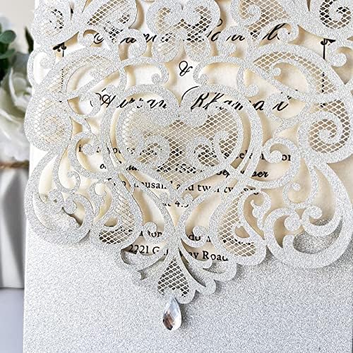 Hosmsua 5.12 x 7.3 Inch 50pcs Silver Laser Cut Lace Flora Wedding Invitation Cards with Rhinestone and Envelopes Customized Printed Invitations for Bridal Shower Quinceañera Wedding Invite - Image 5