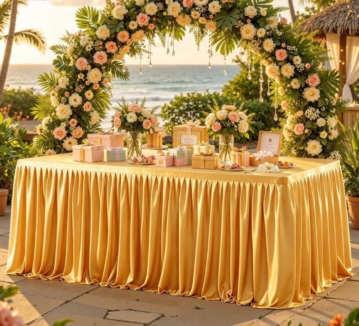 Gold Polyester Table Cloths for Rectangle 6 Foot Tables, 6 Pack Wrinkle Free Tablecloths Stretchy Banquet Ruffle Fitted Table Cover Desk Skirt for Parties Wedding Birthday Baby Shower - Image 6