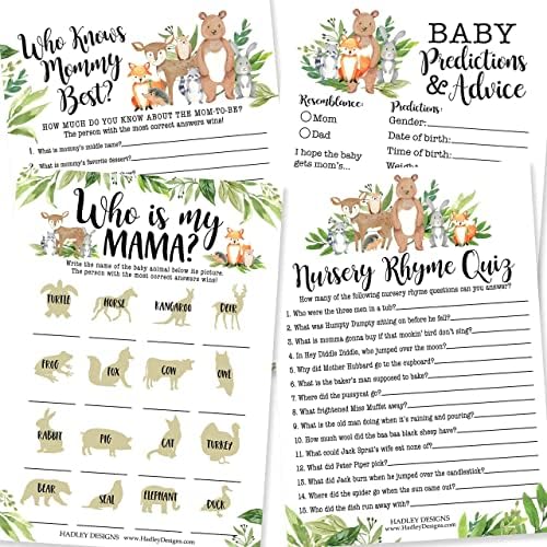 25 Woodland Animal Matching, 25 Nursery Rhyme Game, 25 Who Knows Mommy Best, 25 Baby Prediction And Advice Cards - 4 Double Sided Cards, Baby Shower Party Supplies by HadleyDesigns