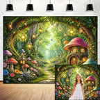 Enchanted Forest Backdrop, Magical Fairy Garden Colorful Mushroom Floral Butterfly Glowing Lantern Tree Arch Photo Background Banner for Girls Birthday Baby Shower Party Photography 12X10ft - Image 3