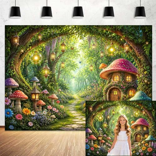 Enchanted Forest Backdrop, Magical Fairy Garden Colorful Mushroom Floral Butterfly Glowing Lantern Tree Arch Photo Background Banner for Girls Birthday Baby Shower Party Photography 10X8ft - Image 3