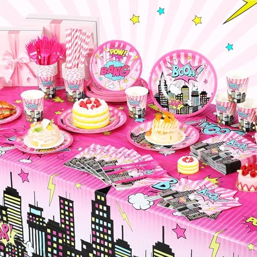 Funnymoom 219 Pcs Pink Hero Birthday Party Decorations Girl Pink Comic Hero Plates Napkins Cups Tablecloth Cutlery Straw Disposable Tableware Set for Birthday Baby Shower Party Supplies, Serves 24 - Image 6