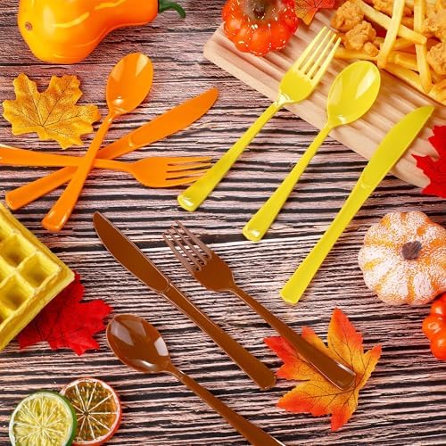 Kochorie 300 Pieces Thanksgiving Plastic Silverware Fall Heavy Duty Utensils Set Heavyweight Disposable Flatware Includes Orange Yellow Brown Spoons Forks Knives for Thanksgiving Dinner Party Supplies - Image 5