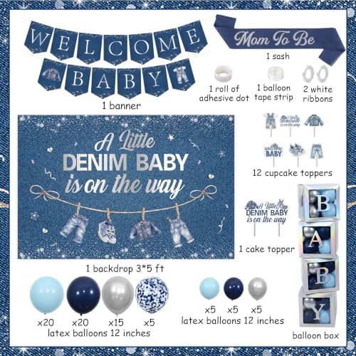 A Little Denim Baby Is On The Way Baby Shower Decorations Kit Includes Backdrop Banner Balloon Boxes Mom To Be Sash Cake Toppers 75 Balloons Denim And Diamond Gender Reveal Decor for Boy - Image 5