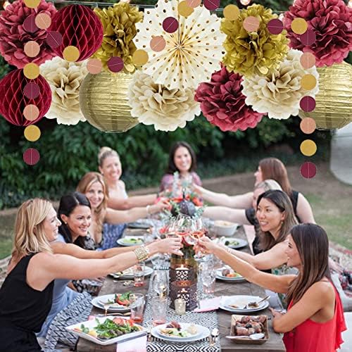 Burgundy and Gold Party Decorations Maroon Gold Burgundy Paper Pom Poms Lanterns Glitter Dots Hanging Garland for Birthday Bridal Shower Bachelorette Graduation Party Decor (Pack of 2) - Image 5