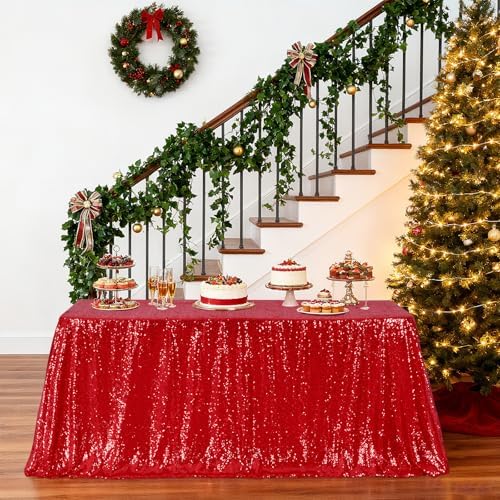 Poise3EHome Red Sequin Tablecloth 90×132 Inch Rectangle Sparkly Fabric Table Cloth for Birthday Wedding Christmas Party Holiday Baby Shower Decoration by Poise3EHome