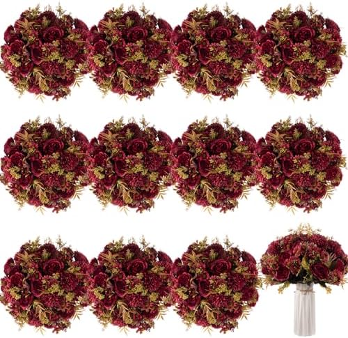 Tigeen Artificial Flowers Silk Peony Hydrangea,Claret,12 Bundles by Tigeen