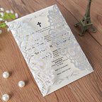 Hosmsua 20x Laser Cut Lace Flora Wedding Invitation Cards with Ribbon Bow and Envelopes 5.12 x 7.3'' Invitation for Bridal Shower Engagement Birthday Graduation Party 20pcs (Sliver Glitter) - Image 6