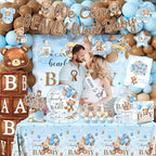 Blue Bear Baby Shower Decorations for Boy, All-in-1 Bear Party Decorations with Balloon Arch Kit Wood Grain Baby Boxes Plates Napkins Cake Toppers Tablecloth Backdrop Blue and Brown Baby Shower Decor - Image 3