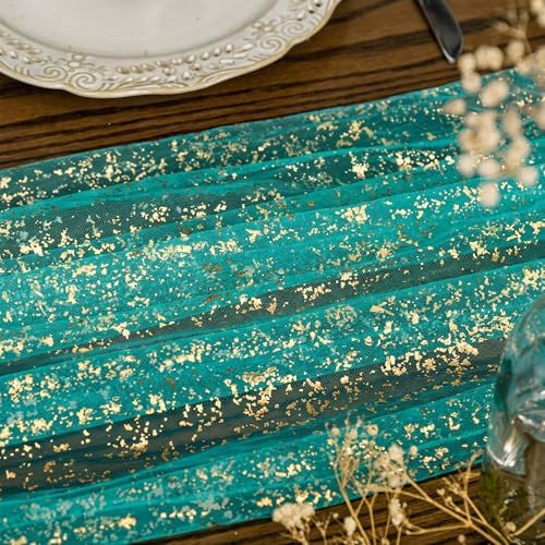 Shihanee 12 Pcs Teal Gold Gauze Table Runners Sheer Cheesecloth Runner - Image 6