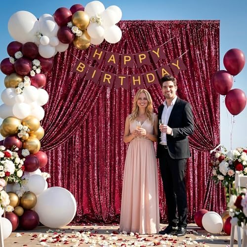 6 Packs 2x8FT Sequin Curtain Backdrop Burgundy Red Party Photo Backdrop - Image 2