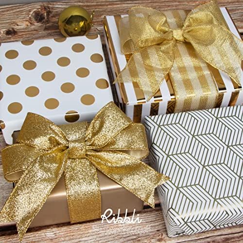 Ribbli White and Gold Wrapping Paper 30 inch for Birthday, Chirstmas, Holiday, Wedding, Graduations, Baby Shower, Polka dots/Stripes/Geometric/Matte Gold,4 Rolls -120 inch(10feet) Per Roll - Image 3