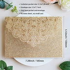 Hosmsua 50PCS Gold Glitter Laser Cut Invitation Pocket, 5.12 x 7.2 Laser Cut Lace Flora Wedding Invitation Pockets with Envelopes for Wedding Engagement Quinceanera Invite (No Inner Sheet) - Image 3