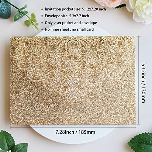 Hosmsua 50PCS Personalized Gold Glitter Laser Cut Flora Invitation Pocket, 5.12 x 7.2 Laser Cut Wedding Invitation Pockets with Envelopes for Wedding Bridal Shower Engagement Invite - Image 3