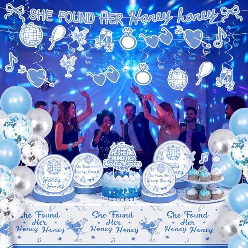 135 Pcs She Found Her Honey Honey Bachelorette Party Supplies, Blue Disco Dancing Queen Theme Party Decorations Set with Tablecloth Balloons Plates Napkins Banner Cake Toppers - Image 5