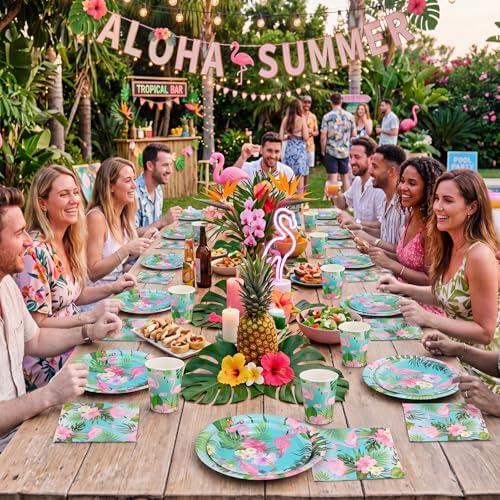 Pickmesh 250 Pcs Summer Flamingo Disposable Tableware Set Hawaiian Luau Party Supplies Tropical Paper Plates Napkins and Cups for Summer Beach Aloha Baby Shower Birthday Pool Party, Serve 50 Guest - Image 5