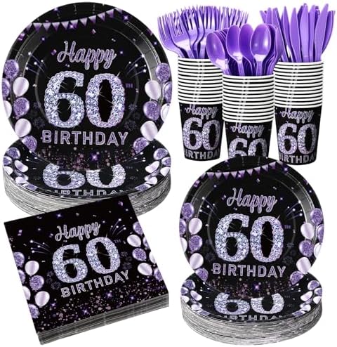 Pickmesh 400 Pcs 60th Birthday Party Supplies Purple Black Plates Serve 50 by Pickmesh