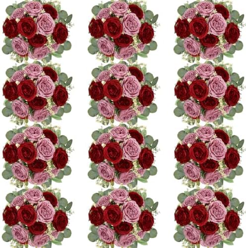 12 Bundles Peonies Artificial Flowers Bulk, Dusty Pink & Burgundy by Nagobi