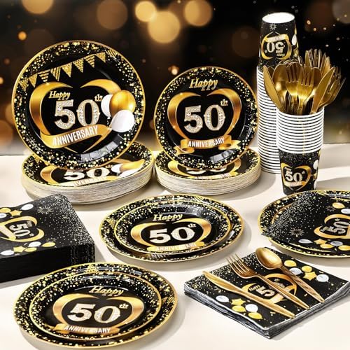 Pickmesh 400 Pcs 50th Birthday Party Supplies, Black Gold Tableware Set - Image 5