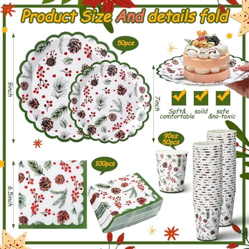 Domensi 250 Pcs Holly Leaf Christmas Party Supplies Set for 50 - Image 2