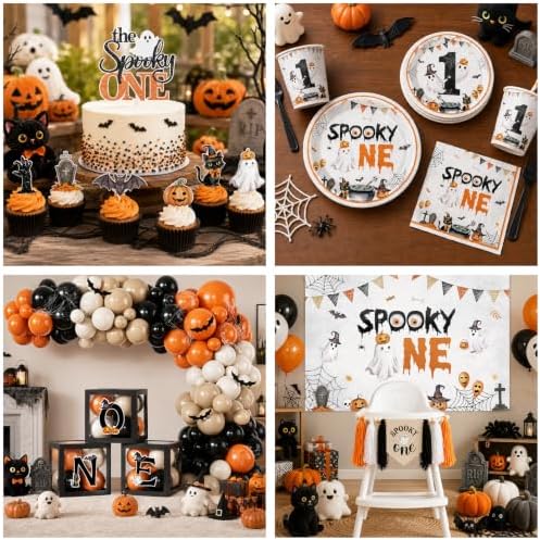 Spooky One Birthday Decorations Boy,276pcs Halloween 1st Birthday Kit Plates And Napkins Cups Banner Backdrop Tablecloth Cake Topper Balloon For First Birthday Decorations for Boy - Image 5