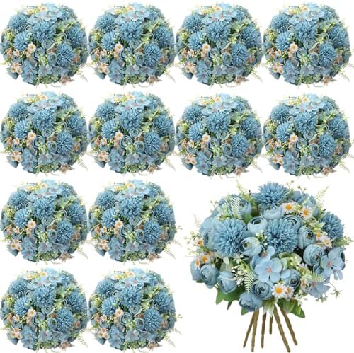 Tigeen 12 Bundles Peonies Artificial Flowers Faux Roses, Mist Blue by Tigeen