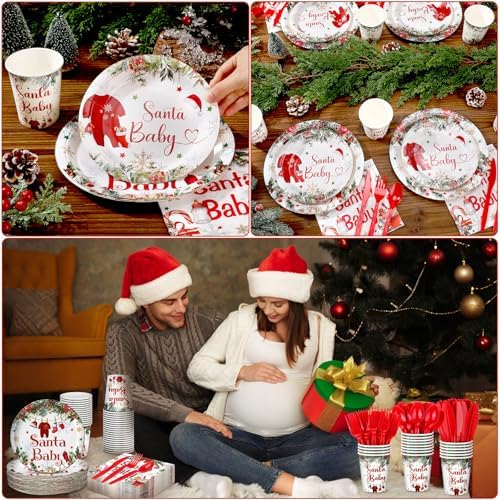 Dandat 350 Pcs Baby Shower Set, Christmas Santa Baby, Red - Image 6