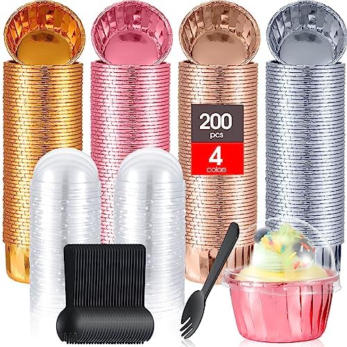 Bokon 200 Pack Cupcake Liners with Dome Lids and Spoons 3.5 oz Mini Foil Baking Cups Disposable Muffin Liners Pans Holders Containers Cupcake Wrappers for Wedding Birthday Party Individual Bakery by Bokon
