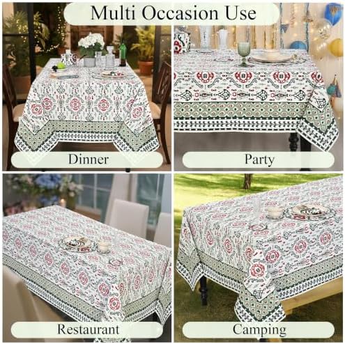 Ridhi Evergreen Ikat and Red Hand Block Print Cotton Rectangle Tablecloth 52x72 inch Reusable Table Cover Decorative Everyday Use for Dining Room, Farmhouse, Home Gift for Spring, Summer - Image 5