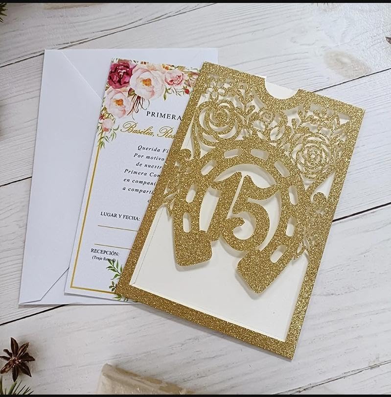 50Sets Glitter Gold Quinceanera Invitation Sweet Fifteen Party Invitation Glitter Horse DIY Laser Cut Western Wedding Cards With Blank Insert Envelope by Cylallen