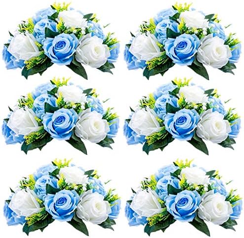 Sziqiqi Silk Rose Flower Balls for Table Centerpieces, Blue&White, 6Pcs by SZIQIQI