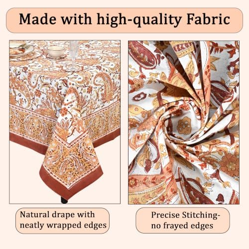 Ridhi Kashmiri Saffron Paisley Hand Block Print Cotton Rectangle Tablecloth 54x54 inch Reusable Table Cover Decorative Everyday Use for Dining Room, Farmhouse, Home Gift for Spring, Summer - Image 6