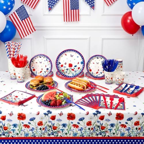 Funnymoom 218 Pcs Patriotic Floral Party Decorations Paper Plates Serve 24 - Image 4