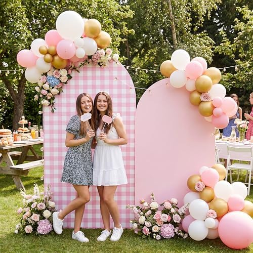 Tegeme 2 Set Gingham Arch Backdrop Cover 7.2ft 6.6ft Arch Cover, Pink - Image 2