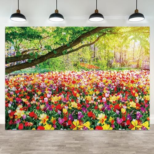 12x8ft Spring Backdrop Blooming Floral Photography Background Colorful Flowers Green Trees National Park Nature Scenery Wedding Banner Decorations Kids Birthday Portrait Photo Booth Prop by ASDCXZ