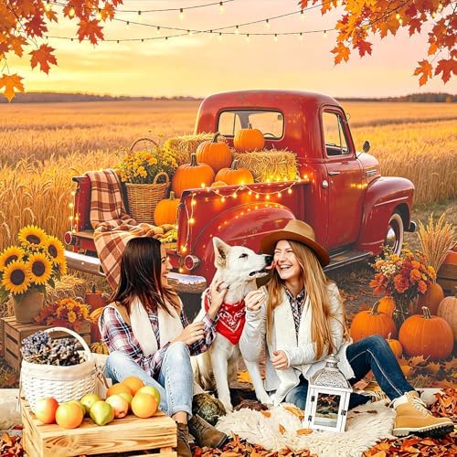 Fall Farm Backdrop, Vintage Red Truck with Pumpkins Photography Background - Image 5