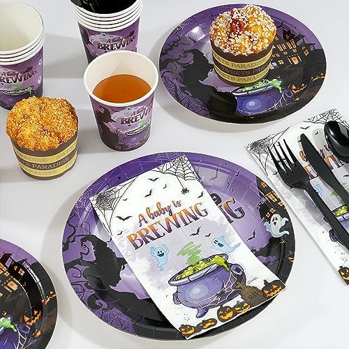 Halloween Baby Shower Party Supplies Decorations Serve50, Baby Brewing Baby Shower Plates and Napkins Set, Disposable Paper Plates Napkins Cups Tableware for Halloween Gender Reveal Party Decorations - Image 3