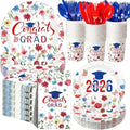 400 Pcs 2026 Red White Blue Graduation Decoration for 50, Red Blue Floral Graduation Paper Plates Napkins Cups Cutlery Flower Grad Tableware for Class of 2026 Congrats Grad Party Supply by Sunnychicc