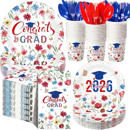 400 Pcs 2026 Red White Blue Graduation Decoration for 50, Red Blue Floral Graduation Paper Plates Napkins Cups Cutlery Flower Grad Tableware for Class of 2026 Congrats Grad Party Supply by Sunnychicc