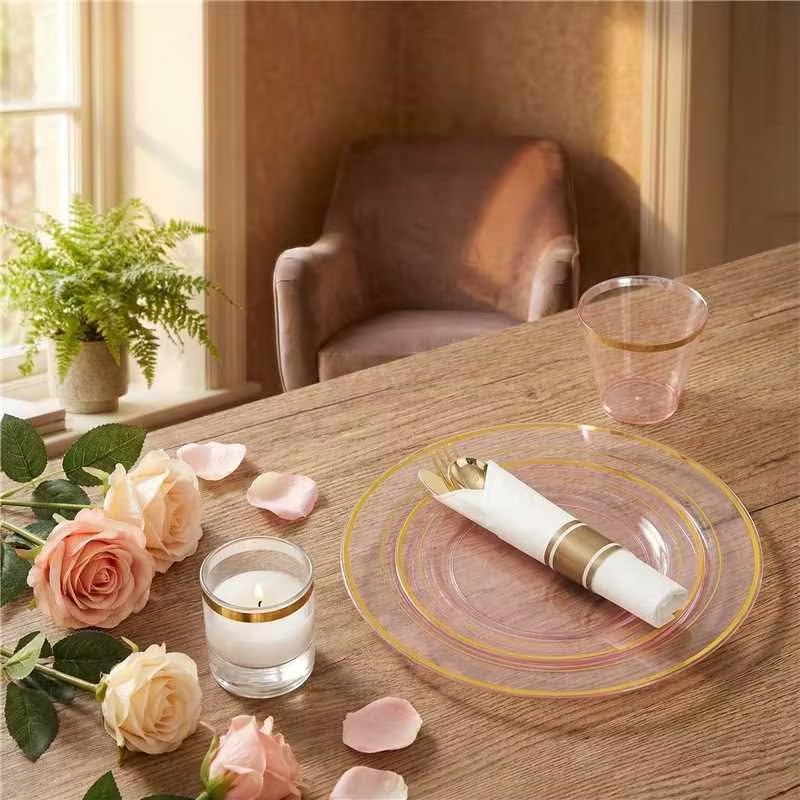 WELLIFE 350Pcs Clear-Pink Plastic Dinnerware- Pink and Gold Plastic Dinnerware include 50 Dinner Plates, 50 Dessert Plates, 150 Gold Silverware, 50 Cups and 50 Napkins Perfect for Parties - Image 5