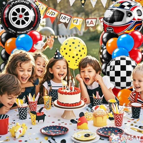 Kasyat 2 Sets Hot Car Balloon Column Stand Kit with Star Race Tire Wheels Helmets Checked Foil Balloons Race Car Arch Garland Kit for Floor for Racing Themed Birthday Party Decorations - Image 7
