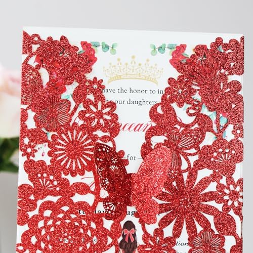 Hosmsua 50PCS Personalized Red Butterfly Invitation 5.12 x 7.3'' Laser Cut Lace Flora Quinceanera Invitation with Envelopes for Bridal Shower Sweet 16, XV Anos Birthday Invite (Red Glitter) - Image 4