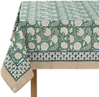 Ridhi Turquoise Moss Green Hand Block Print Cotton Tablecloth 118x70 Inch by Ridhi
