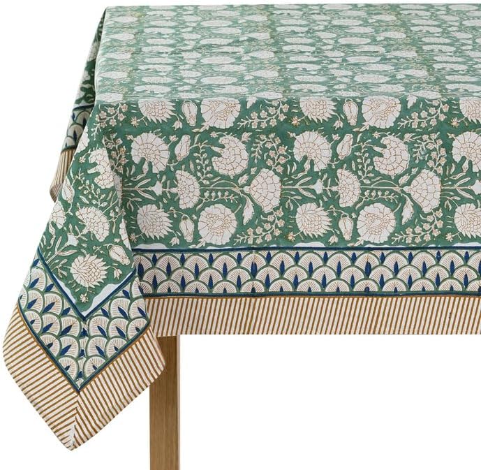 Ridhi Turquoise Moss Green Hand Block Print Cotton Tablecloth 118x70 Inch by Ridhi