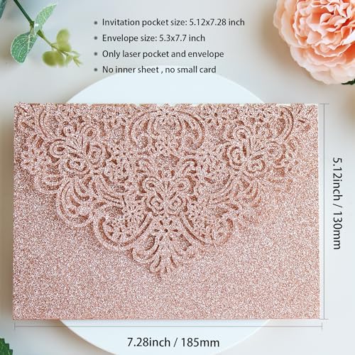 Hosmsua 50PCS Rose Gold Glitter Laser Cut Invitation Pocket, 5.12 x 7.2 Trifold Lace Floral Wedding Invitation Pockets with Envelopes for Wedding Bridal Shower Quinceanera Invite (No Inner Sheet) - Image 2