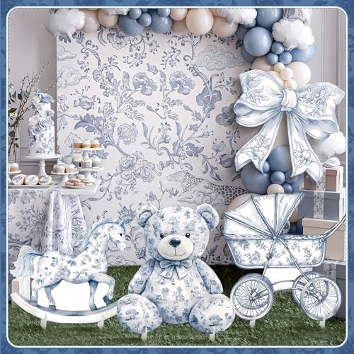 4 Pcs Blue Toile De Jouy Cardboard Cutout Standup Life Size Baby Shower Decorations, Vintage Floral Cardboard Cutouts for Gender Reveal Birthday Party Photo Backdrop Favors - Image 2